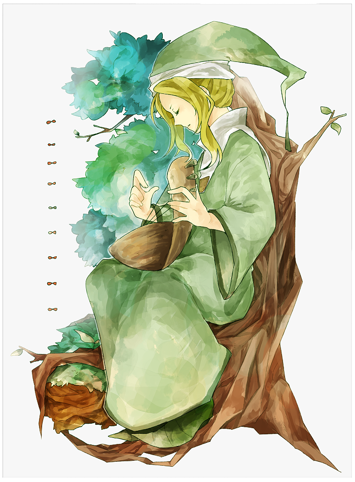 1boy, blonde_hair, closed_eyes, green_hat, green_robe, harp, hat, in_tree