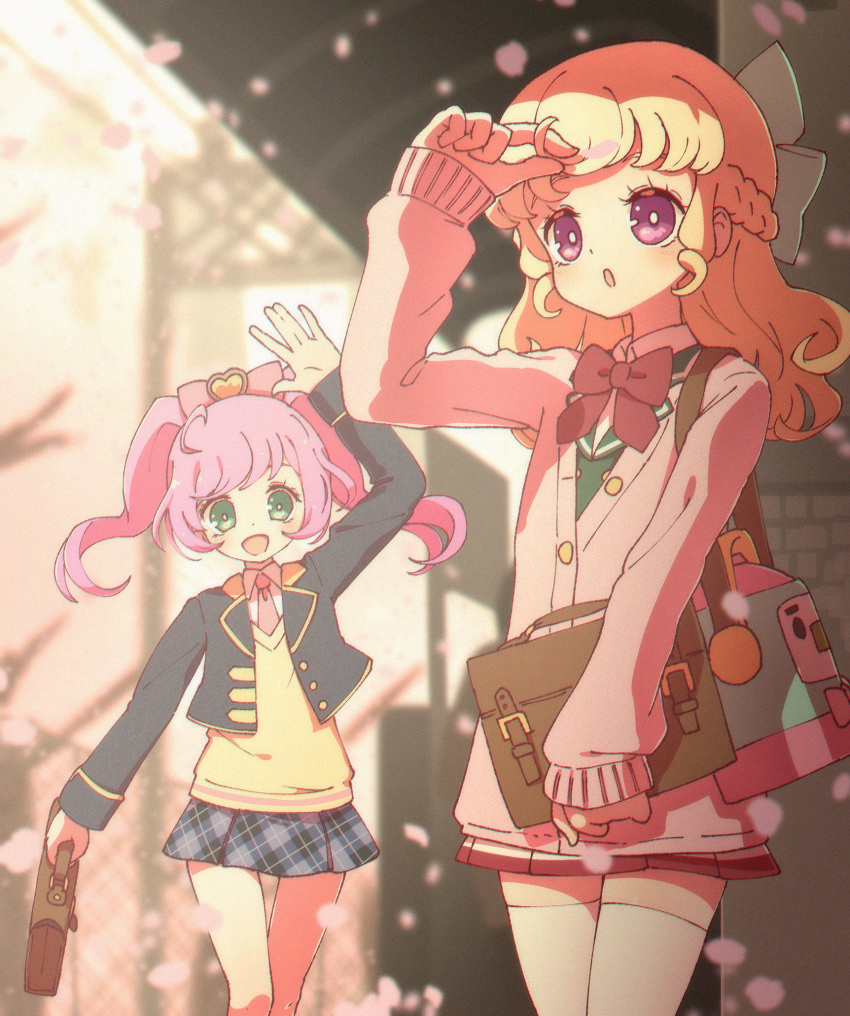 2girls, :d, adjusting_hair, ahoge, arm_up, avocado_academy_school_uniform, bag, blue_jacket, blue_skirt, blurry, blurry_background, bow, braid, brown_bag, cardigan, cherry_blossoms, collared_shirt, cowboy_shot, cropped_jacket, day, falling_petals, green_eyes, green_jacket, hair_bow, highres, holding, holding_bag, idol_time_pripara, jacket, long_hair, long_sleeves, looking_at_viewer, looking_up, manaka_laala, manaka_laala_(young), miniskirt, multiple_girls, necktie, open_hand, open_mouth, outdoors, paprika_private_academy_school_uniform, petals, pink_bow, pink_cardigan, pink_necktie, plaid, plaid_skirt, pleated_skirt, pretty_series, pripara, purple_hair, red_skirt, rice_cooker, ruru_ashihara, school_bag, school_uniform, shirt, skirt, smile, standing, takki_(pripara), thigh-highs, third-party_source, twintails, vest, violet_eyes, waving, white_shirt, white_thighhighs, yellow_vest, yumekawa_yui