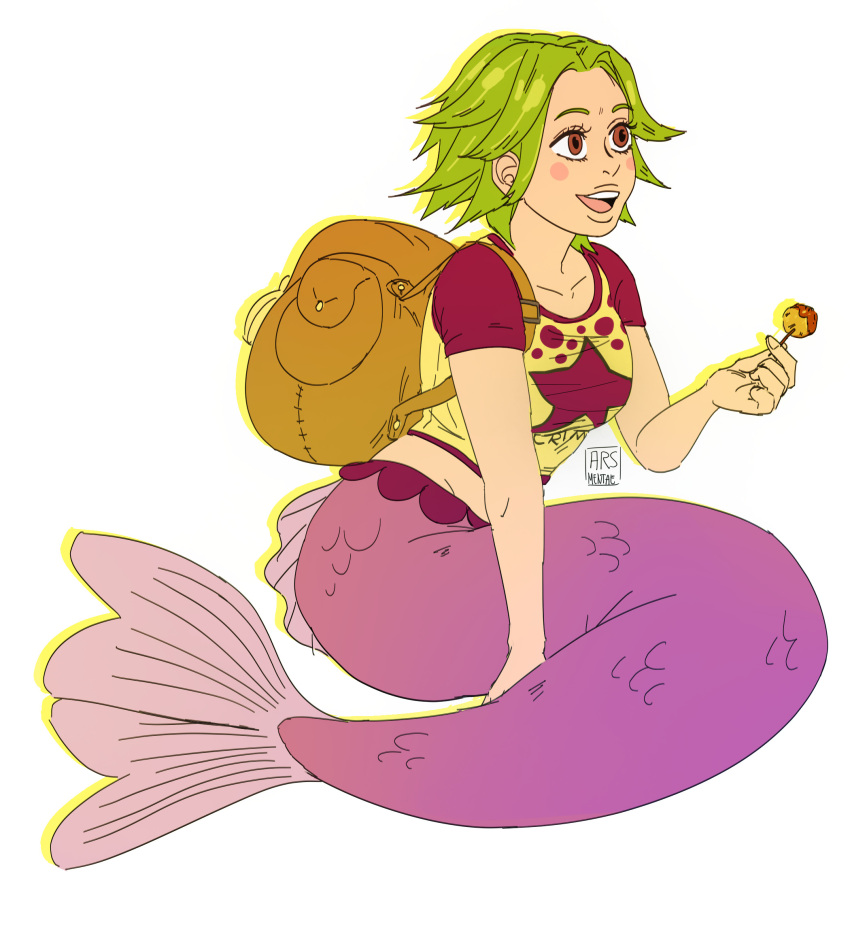 1girl, arsmentae, bag, blush_stickers, camie_(one_piece), crop_top, english_commentary, food, full_body, green_hair, highres, holding, holding_food, looking_to_the_side, mermaid, monster_girl, one_piece, pink_shirt, shirt, short_hair, shoulder_bag, simple_background, smile, solo, takoyaki, watermark, white_background, yellow_shirt