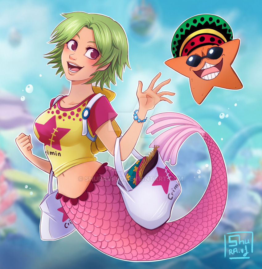 1girl, 1other, bag, blurry, blurry_background, bracelet, bubble, camie_(one_piece)