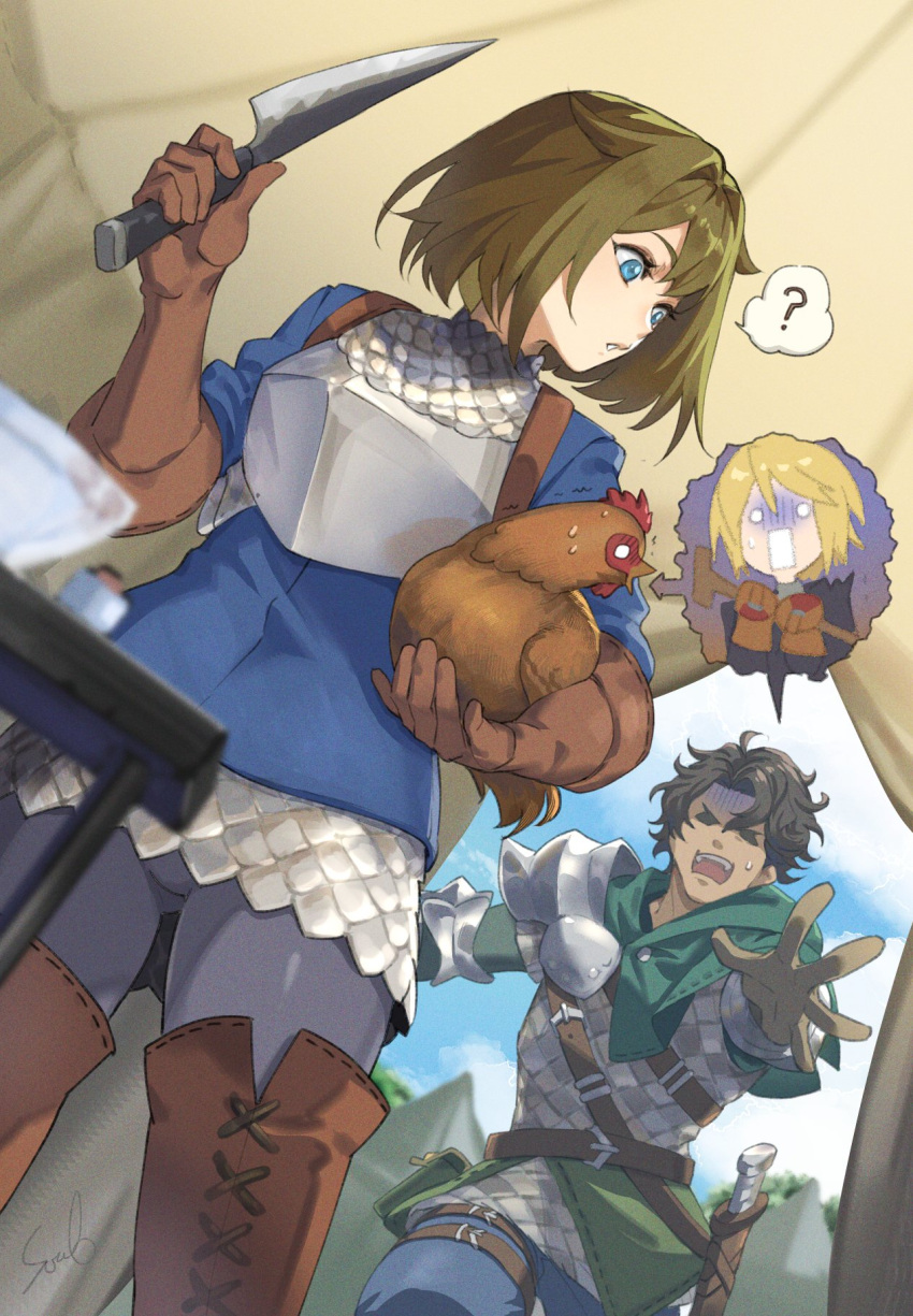 1girl, 2boys, animal, armor, auch_(unicorn_overlord), bird, black_hair, black_pants