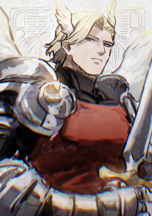 1boy, angel, angel_wings, armor, black_eyes, black_shirt, blonde_hair, closed_mouth, feathered_wings, fodoquia_(unicorn_overlord), gauntlets, head_wings, holding, holding_sword, holding_weapon, looking_at_viewer, male_focus, onohito, pauldrons, red_tabard, shirt, short_hair, shoulder_armor, solo, sword, tabard, unicorn_overlord, upper_body, weapon, white_background, wings