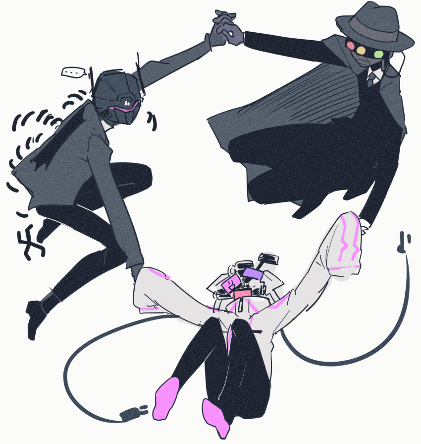 1girl, 2boys, alloc_(project_moon), android, black_coat, black_footwear, black_hat, black_necktie