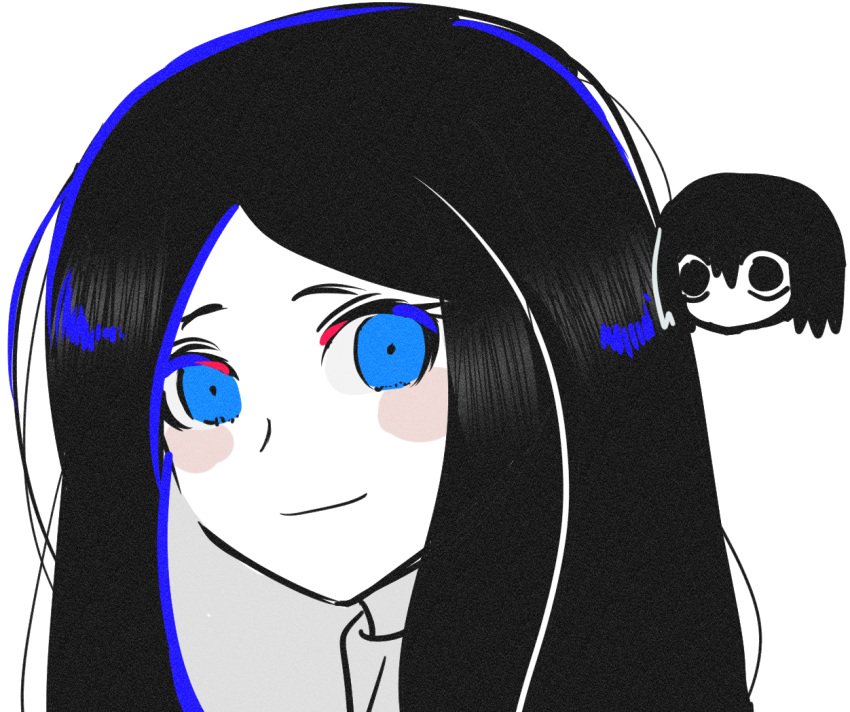 2others, black_eyes, blue_eyes, blush_stickers, catt_(project_moon), closed_mouth, long_hair, madotsuki_ren