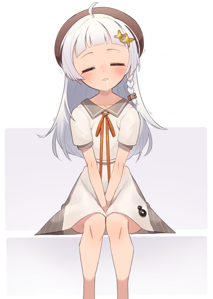 1girl, a.i._voice, ahoge, arms_between_legs, beret, blunt_bangs, blush, braid