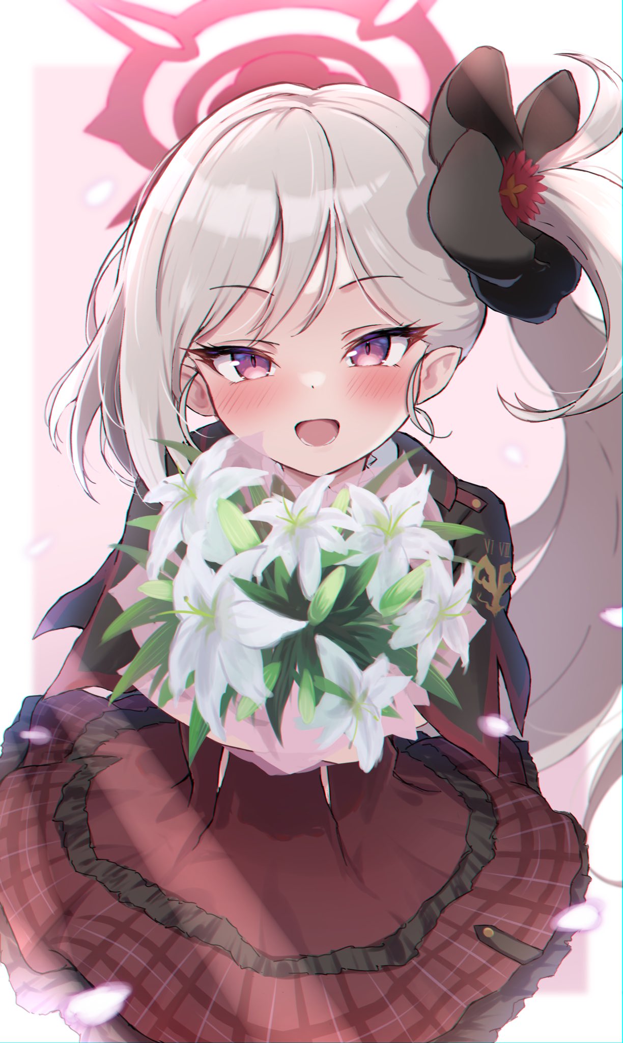 1girl, black_scrunchie, blue_archive, blurry, blurry_background, blush, border, bouquet