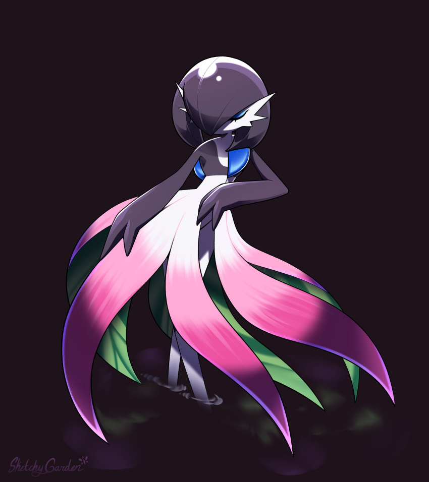 absurdres, alternate_color, alternate_shiny_pokemon, artist_name, black_background, black_hair, closed_eyes, colored_skin, dress, gardevoir, hair_over_one_eye, highres, multicolored_skin, pokemon, pokemon_(creature), simple_background, sketchygarden, white_skin