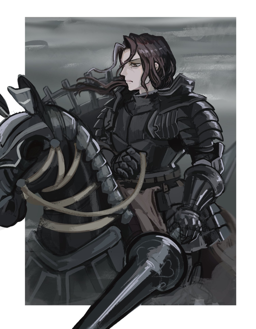 1boy, armor, armored_animal, barding, black_armor, black_eyes, black_hair, breastplate