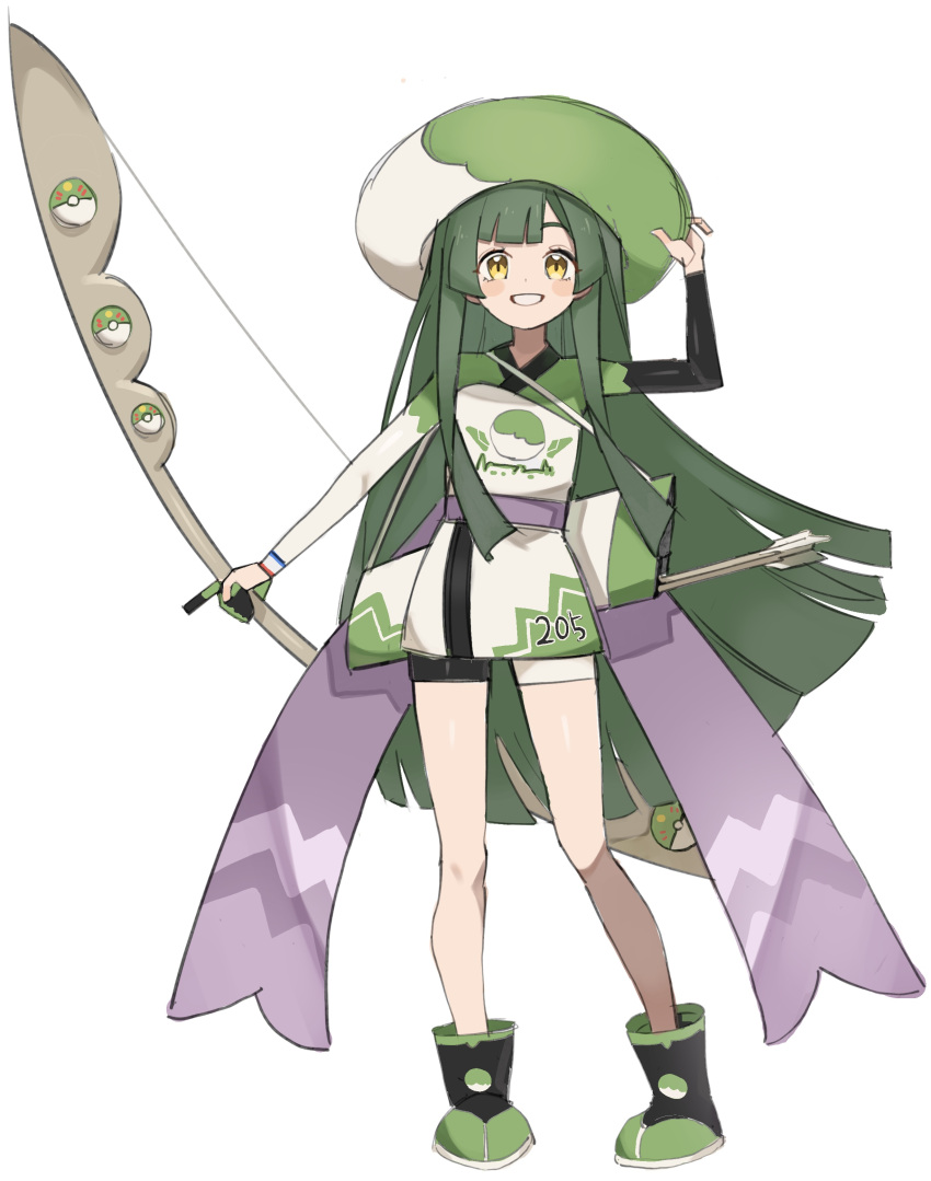 1girl, absurdres, adapted_costume, arrow_(projectile), bike_shorts, blunt_bangs, blunt_ends, blush_stickers