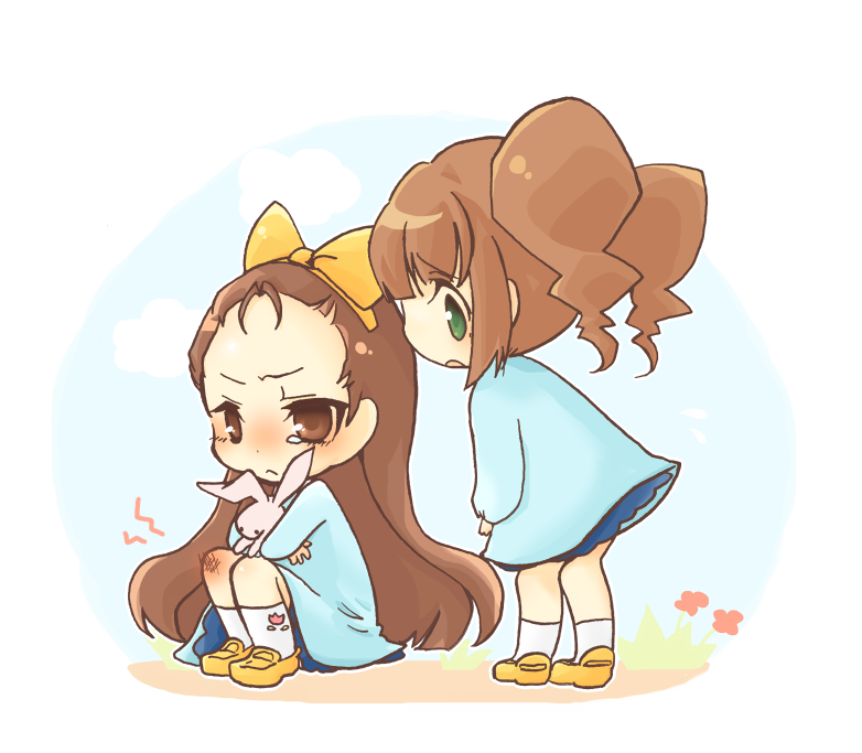 brown_hair, bunny, eru_(fuerisuto), green_eyes, idolmaster, kindergarten, long_hair, minase_iori