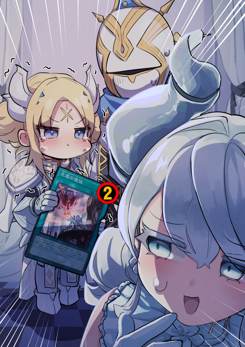 1boy, 2girls, absurdres, armor, blonde_hair, blush, c_civciv, card