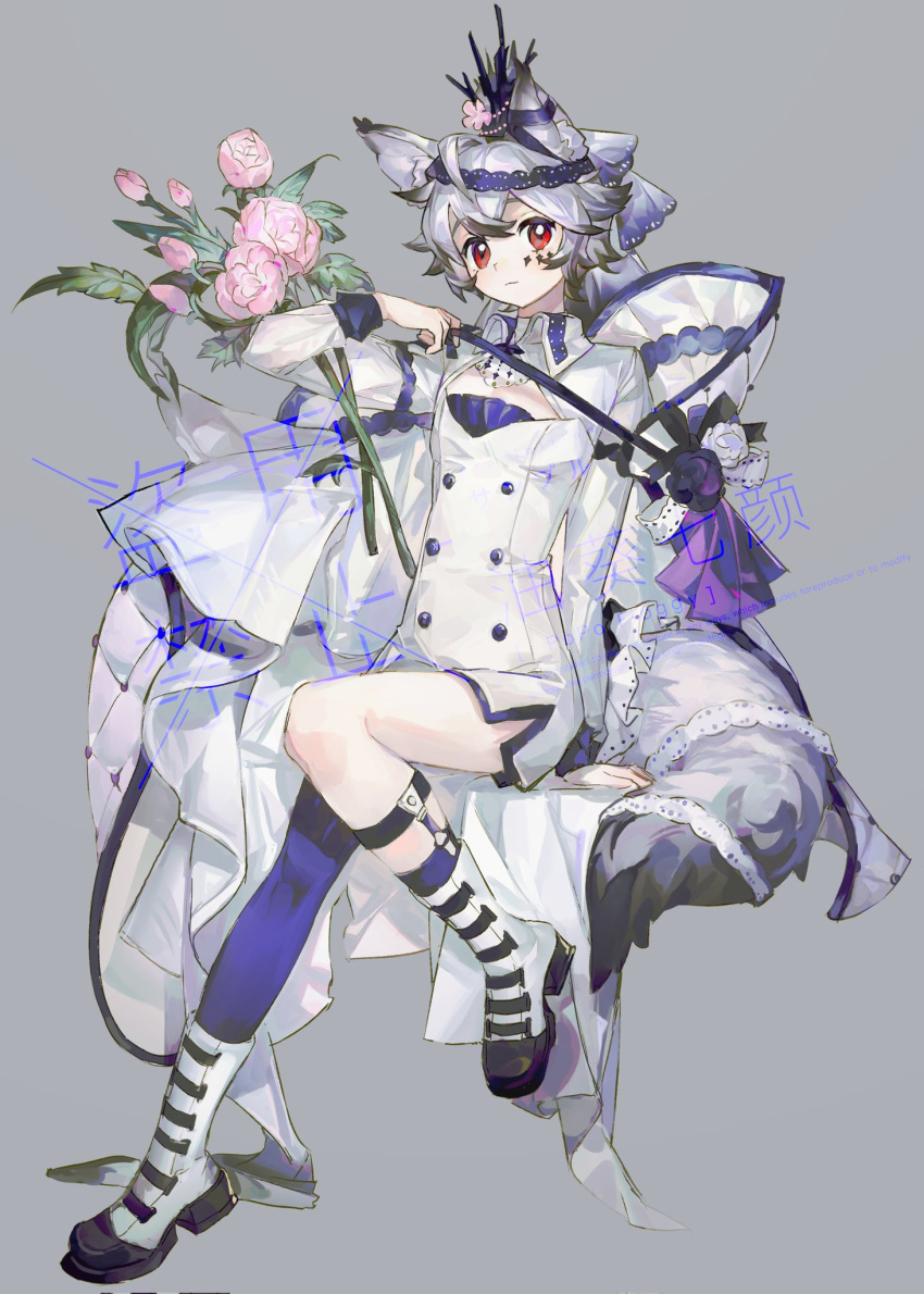 1boy, ahoge, animal_ears, arm_support, black_footwear, black_hair, blue_thighhighs, buttons