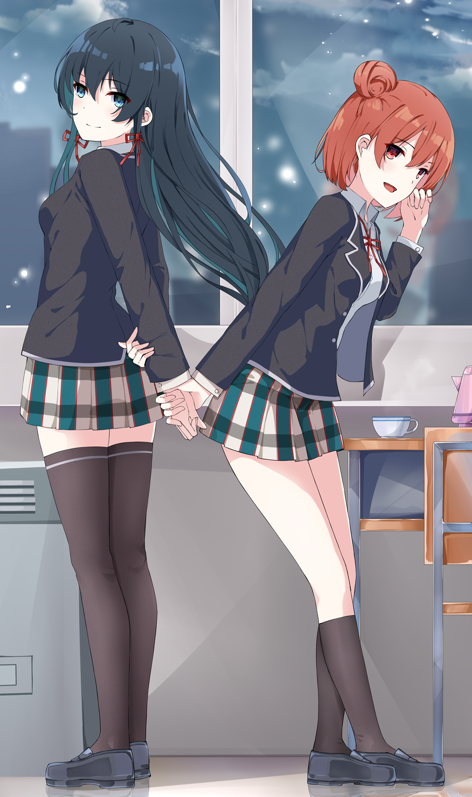 2girls, arms_behind_back, back-to-back, black_footwear, black_hair, black_jacket, black_pantyhose, black_socks