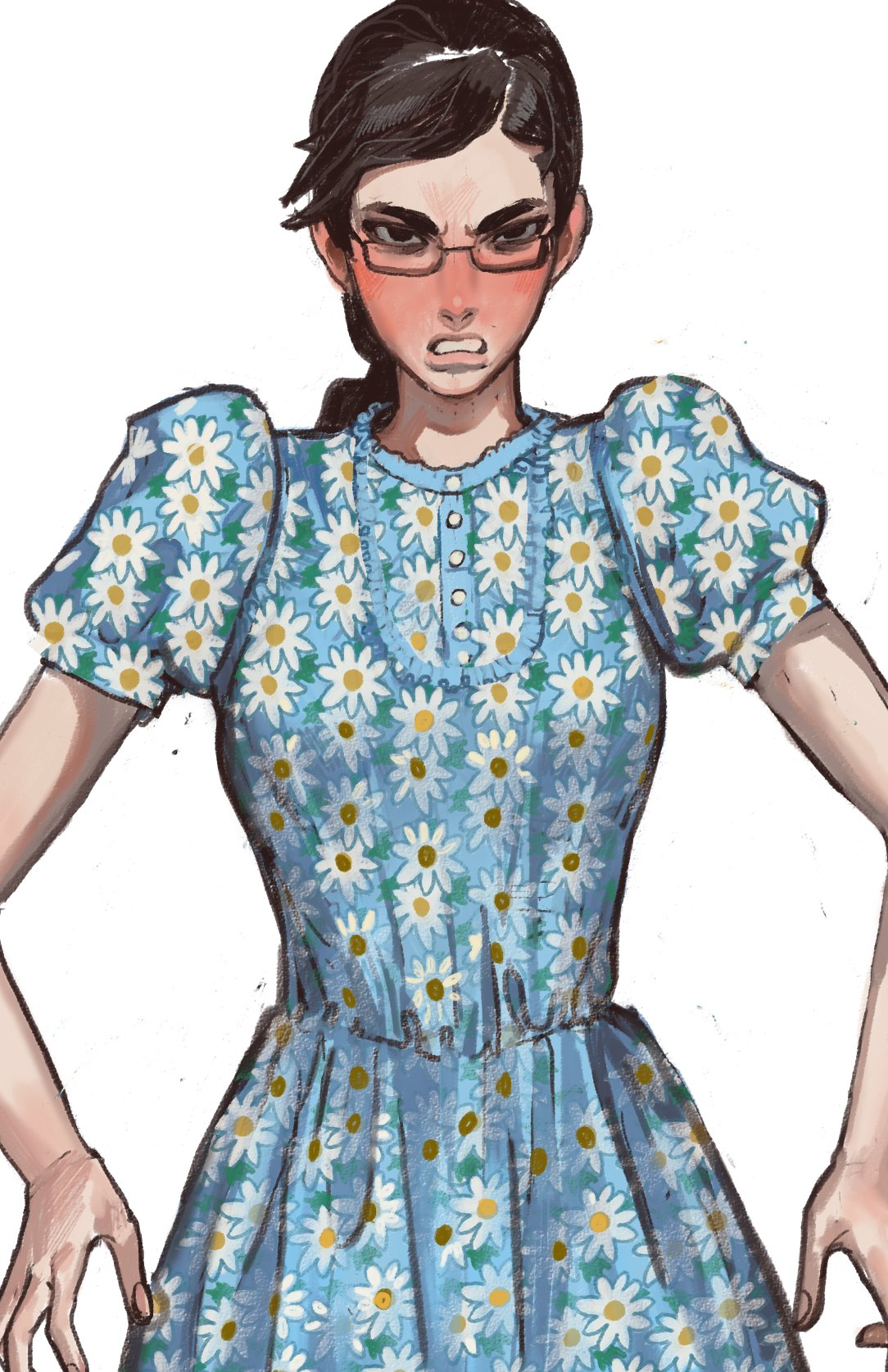 1girl, black_eyes, black_hair, blue_dress, blush, chudjak, dress, floral_print