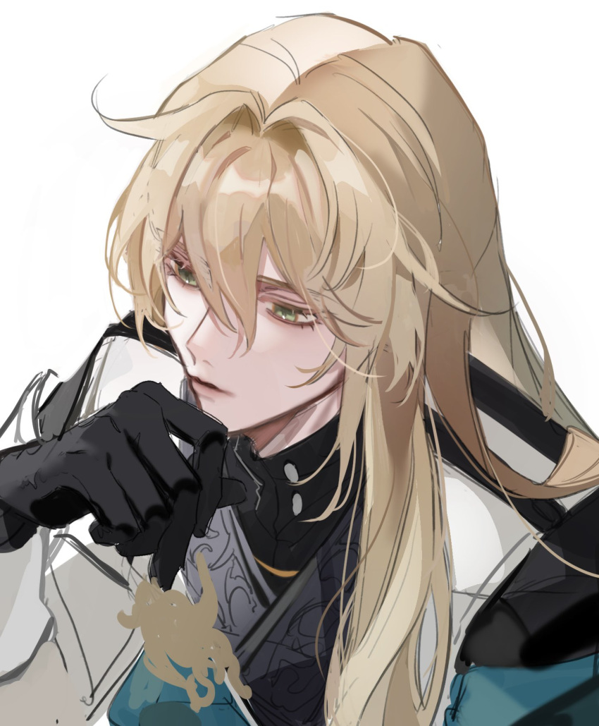 1boy, black_gloves, blonde_hair, closed_mouth, gloves, green_eyes, hair_between_eyes, highres, honkai:_star_rail, honkai_(series), long_hair, luocha_(honkai:_star_rail), male_focus, oryunbunkosu, simple_background, solo, white_background