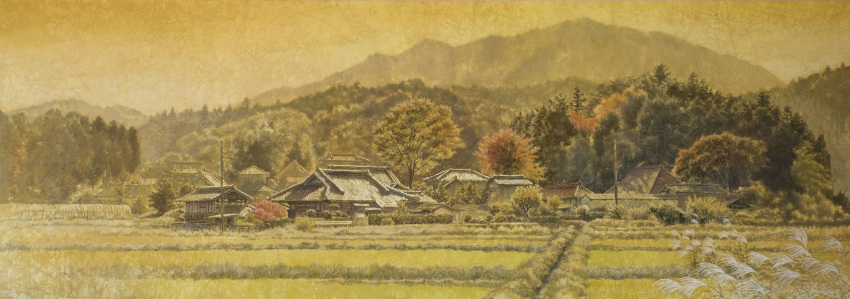absurdres, building, farm, highres, house, mountain, mountainous_horizon, nihonga