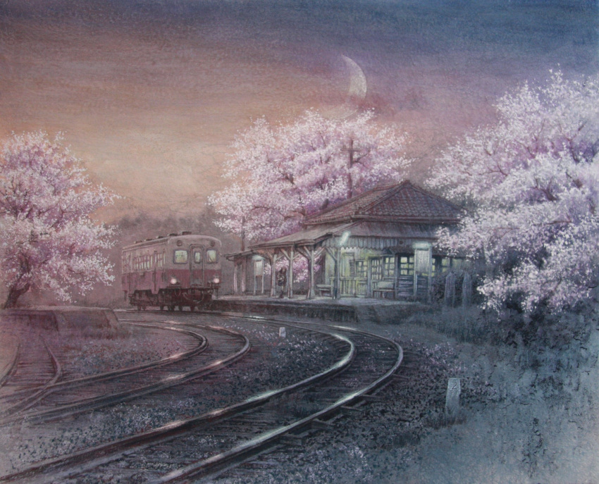 1girl, ballast, bench, bulletin_board, cherry, crescent_moon, food, fruit, highres, moon, morning, nihonga, original, scenery, solo, sunrise, tanamachi_yoshihiro, train, train_station, train_station_platform, tree