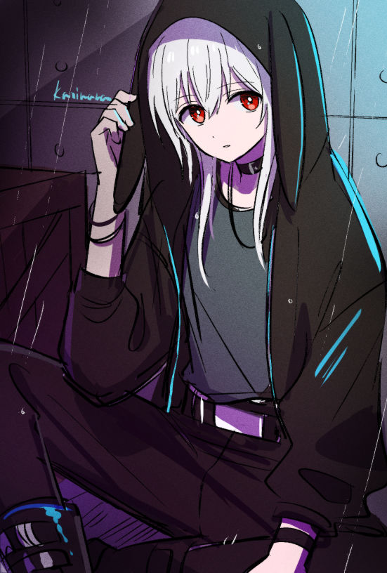 1boy, against_wall, albino, alternate_costume, androgynous, artist_name, belt, belt_collar, black_footwear, black_hoodie, black_pants, collar, commentary, evelogia, grey_shirt, hair_between_eyes, hood, hood_up, hoodie, kajiwara_io, knees_apart_feet_together, looking_at_viewer, male_focus, maou_evelogia_ni_mi_wo_sasage_yo, open_clothes, open_hoodie, outdoors, pale_skin, pants, rabbit-ear_hood, rain, red_eyes, shirt, short_hair_with_long_locks, signature, sitting, solo, symbol-only_commentary, tile_wall, tiles, white_hair
