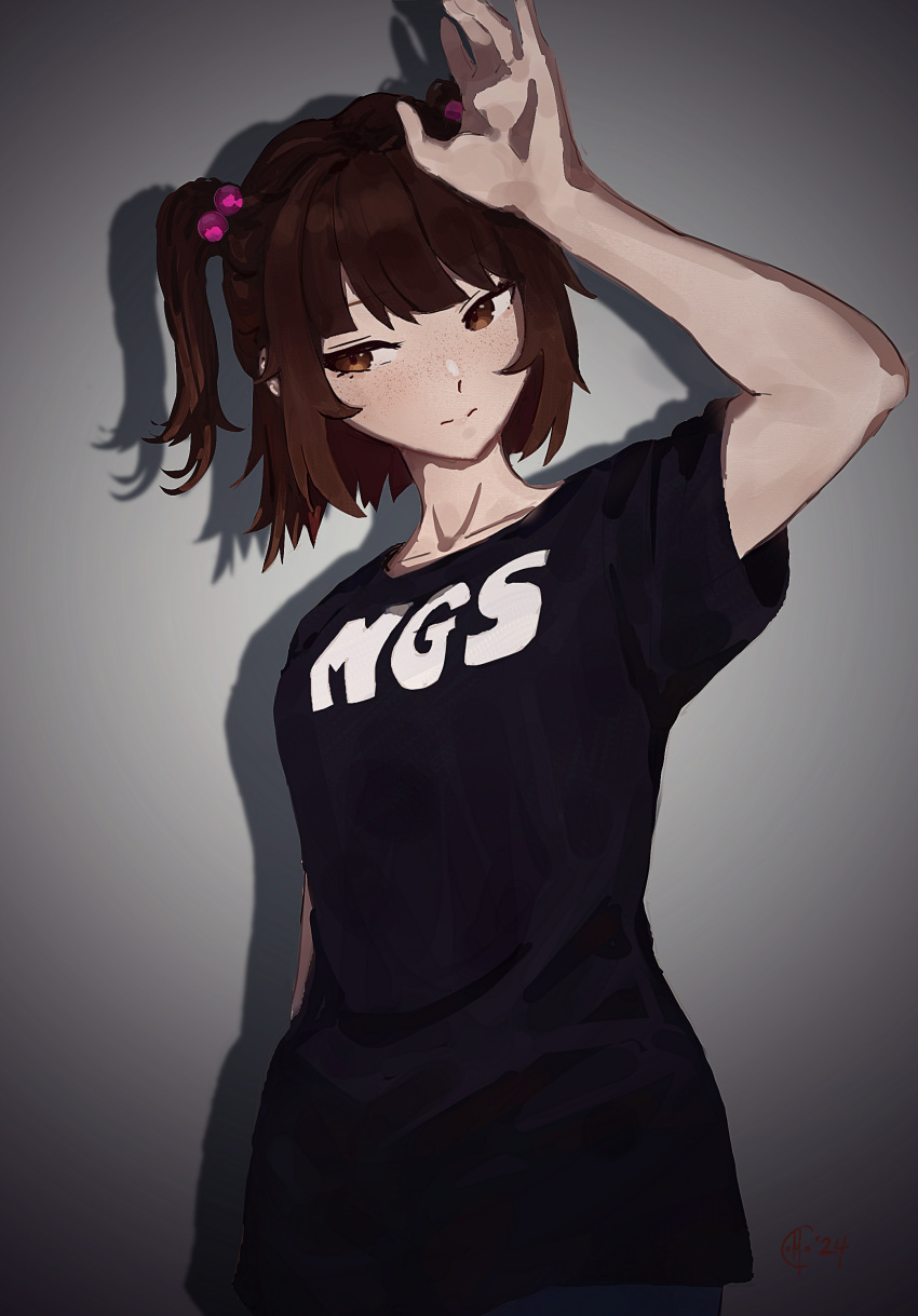1girl, absurdres, arm_up, black_shirt, blush, brown_eyes, brown_hair, collarbone