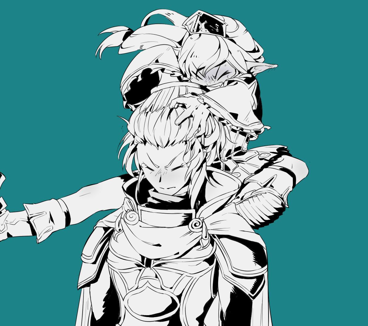 1boy, 1girl, armor, blue_background, blush, boots, brushing_another's_hair, brushing_hair