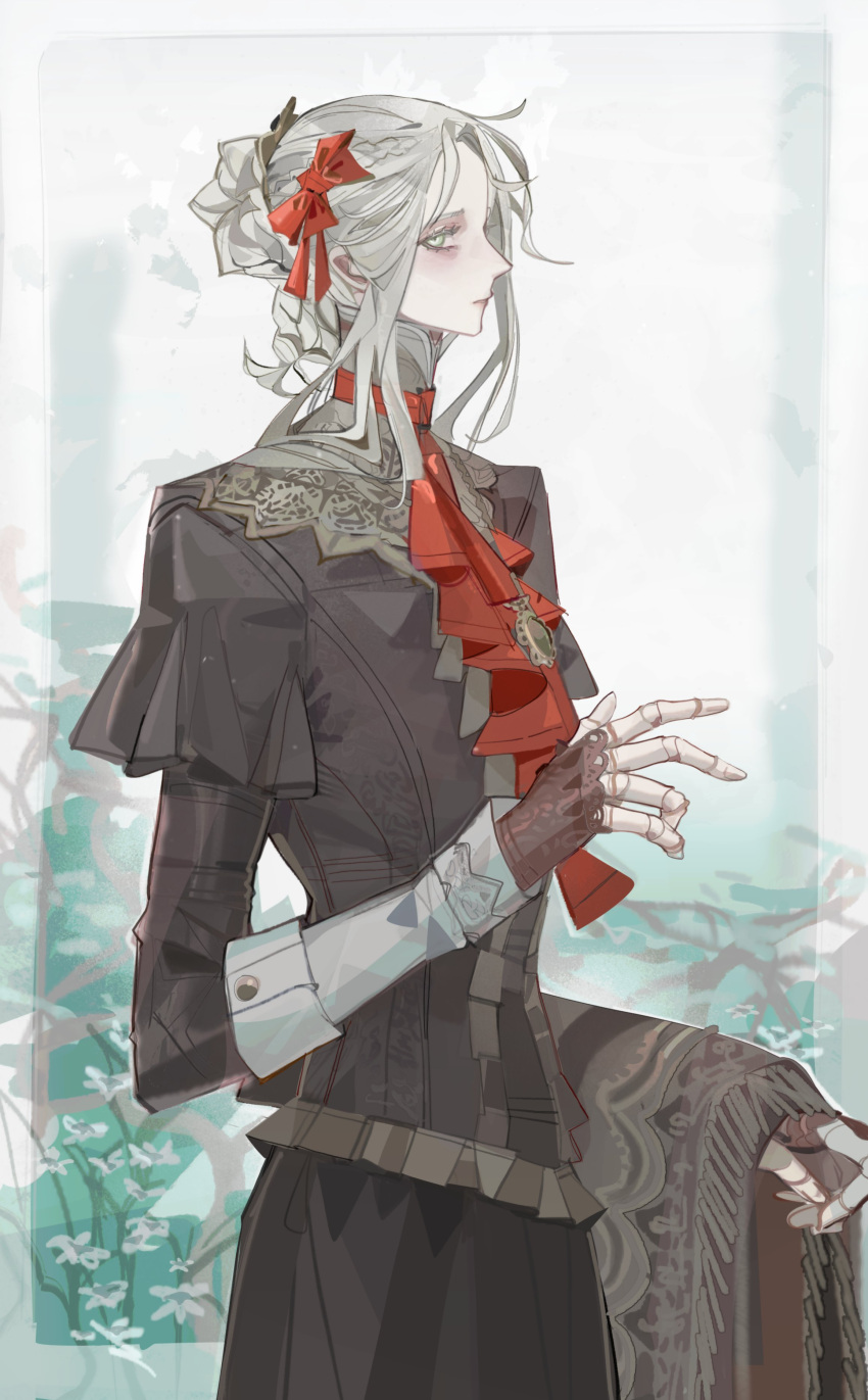 1girl, absurdres, ascot, black_jacket, black_skirt, bloodborne, blue_eyes, border, bow, braid, brown_capelet, capelet, colored_eyelashes, cowboy_shot, doll_joints, expressionless, frilled_jacket, frills, fringe_trim, grey_hair, hair_bow, hair_bun, half_updo, highres, jacket, jewelry, joints, lace_capelet, long_sleeves, looking_at_viewer, medium_hair, multiple_braids, no_headwear, nslacka, outside_border, pendant, plain_doll, red_ascot, red_bow, single_hair_bun, skirt, solo, standing, white_border