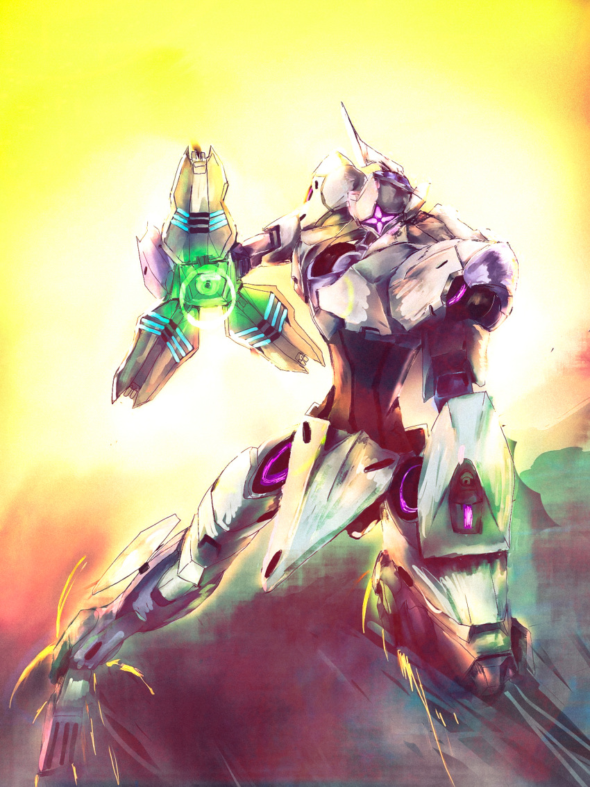 arm_cannon, assault_visor, geppo_(climbing_irons), gundam, gundam_suisei_no_majo, highres, horns, leaning_to_the_side, looking_at_viewer, mecha, mecha_focus, michaelis_(mobile_suit), orange_background, robot, single_horn, solo, weapon