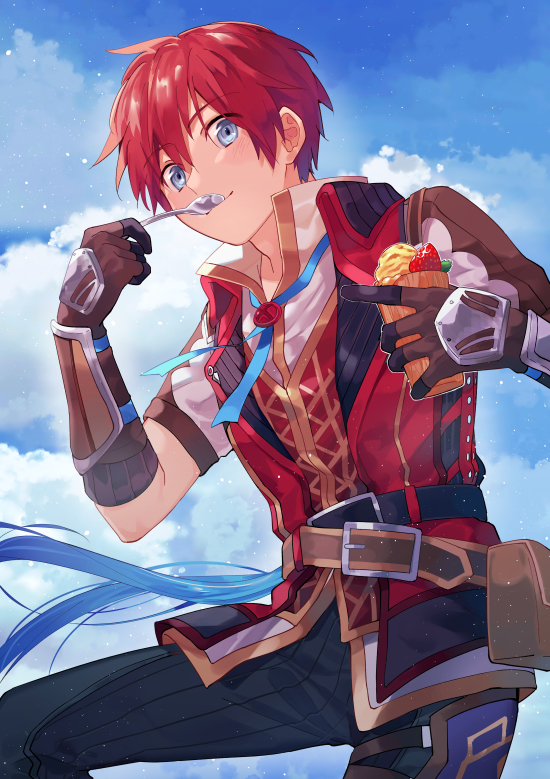 1boy, adol_christin, armor, belt, blue_eyes, blue_sky, clouds, commentary_request