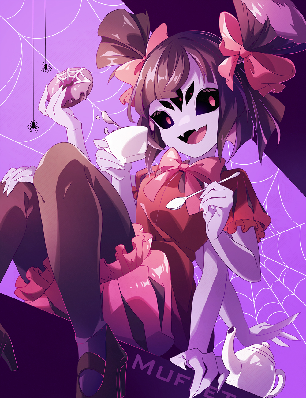 1girl, :d, arthropod_girl, black_footwear, black_hair, black_pantyhose, black_sclera, blunt_bangs