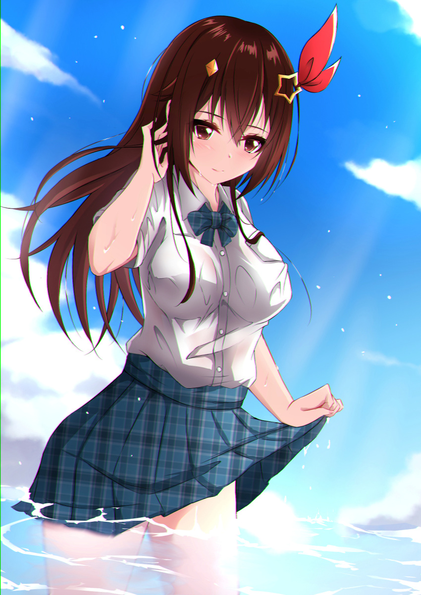 1girl, aogami_high_school_uniform, blue_bow, blue_bowtie, blue_sky, blush, bow, bowtie