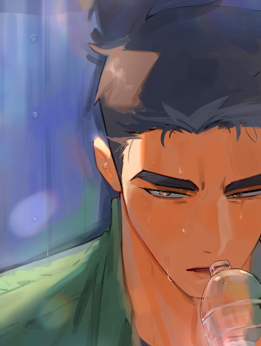 1boy, absurdres, ao_isami, black_hair, bottle, gamti0, grey_eyes, highres, male_focus, parted_lips, portrait, short_hair, solo, split_screen, sweat, water_bottle, yuuki_bakuhatsu_bang_bravern