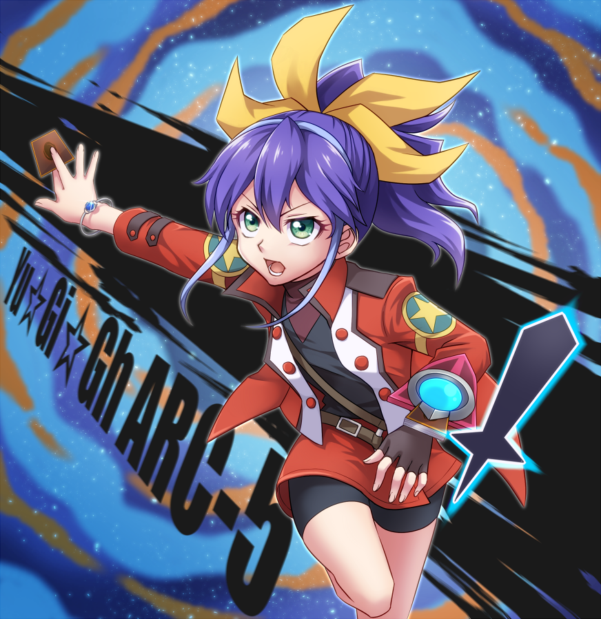 1girl, bike_shorts, bike_shorts_under_skirt, blue_hair, bracelet, card, duel_academy_uniform_(yu-gi-oh!_arc-v), duel_disk