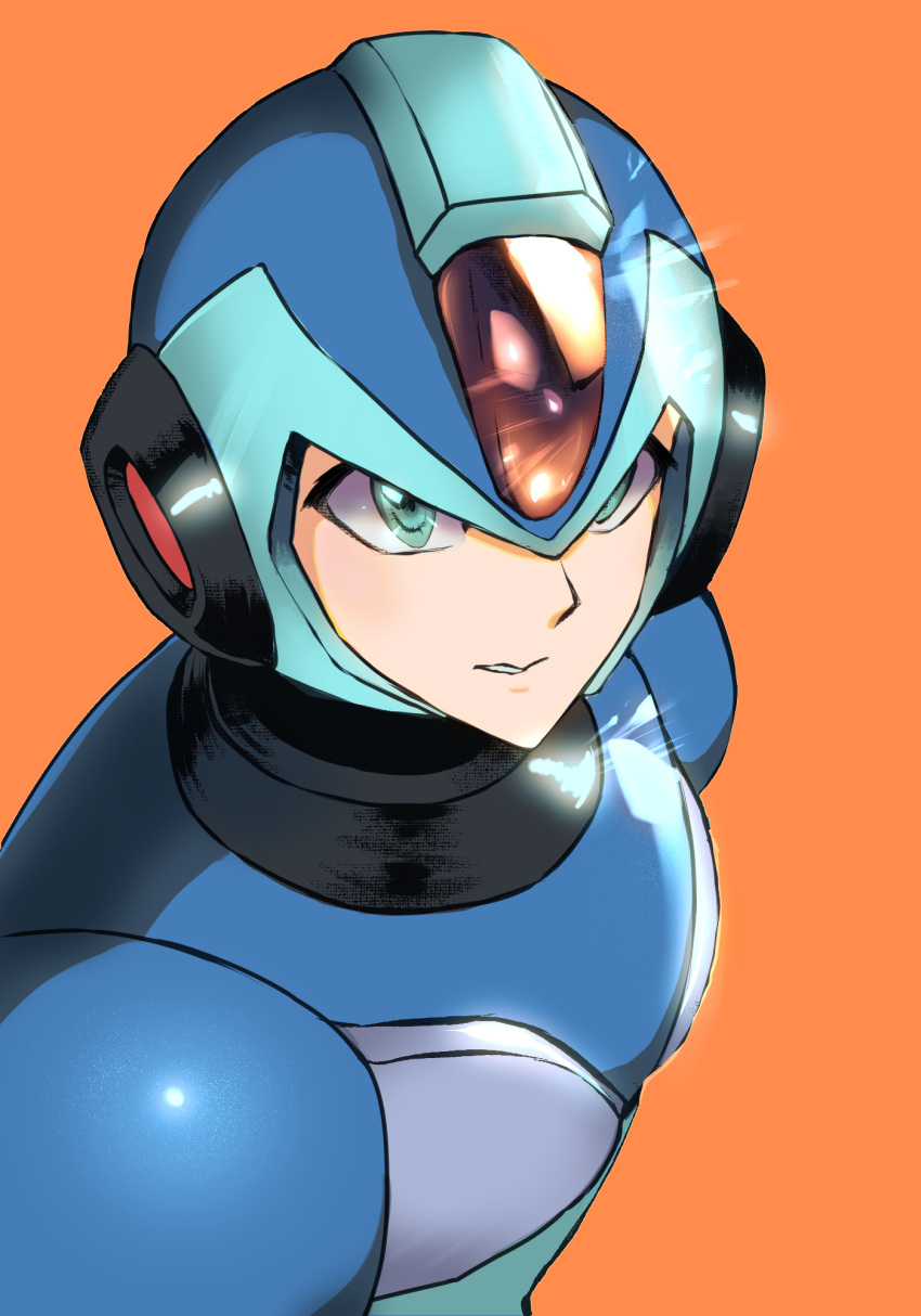 1boy, armor, blue_armor, blue_helmet, forehead_jewel, green_eyes, highres, mega_man_(series), mega_man_x_(series), mithclearwell, orange_background, shoulder_armor, simple_background, solo, upper_body, x_(mega_man)