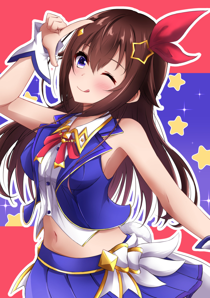 1girl, blue_skirt, blue_vest, blush, brown_hair, hair_ornament, highres, hololive