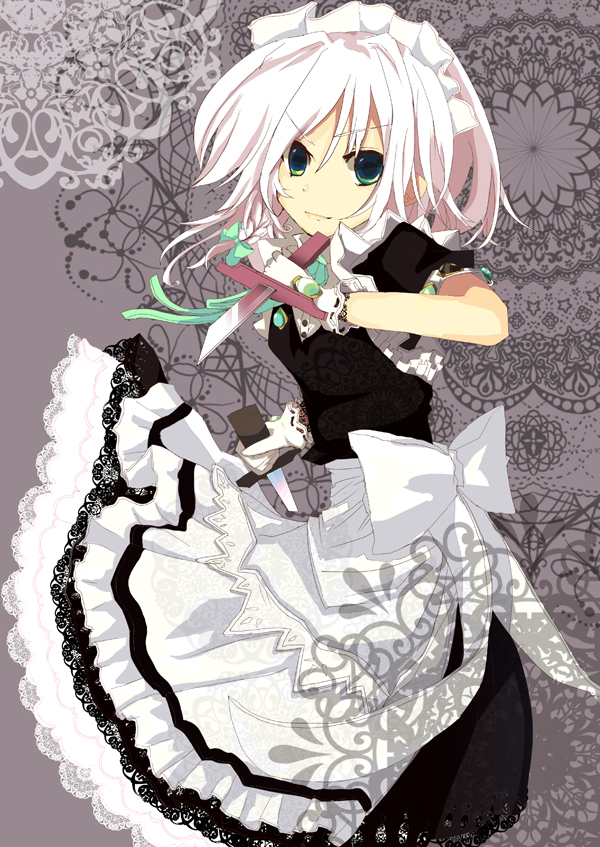blue_eyes, bow, braid, dress, hair_bow, izayoi_sakuya, knife, maid