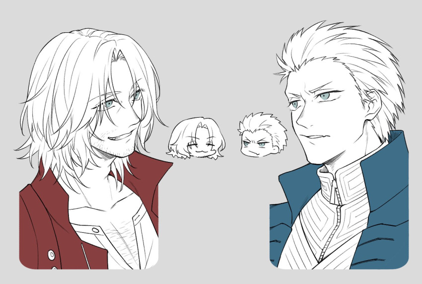 blue_coat, blue_eyes, coat, dante_(devil_may_cry), devil_may_cry_(series), devil_may_cry_5, greyscale, hair_slicked_back, long_hair, male_focus, mise_yuzuki, monochrome, red_coat, siblings, smile, twins, vergil_(devil_may_cry)