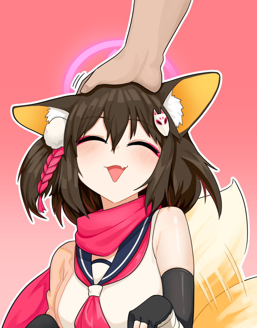 1boy, 1girl, :d, ^_^, animal_ear_fluff, animal_ears, bare_shoulders, black_hair