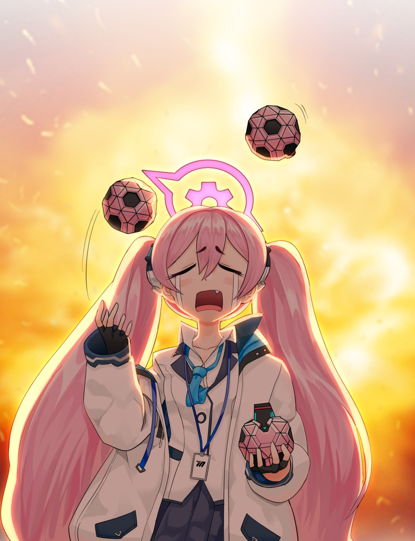 1girl, :d, :o, ball_toss, black_gloves, black_skirt, blazer, blue_archive
