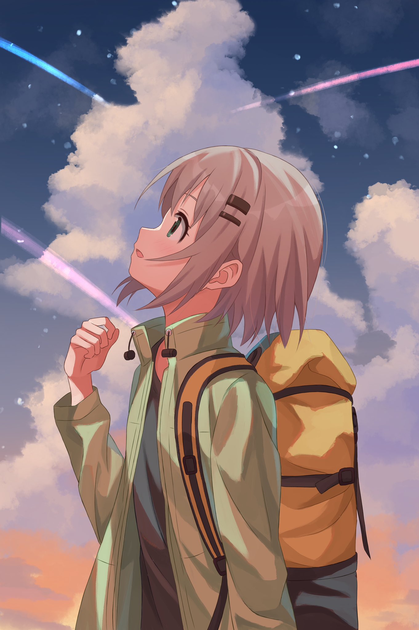 1girl, backpack, bag, chinosuke_(cs4126), clouds, green_eyes, green_jacket, grey_hair