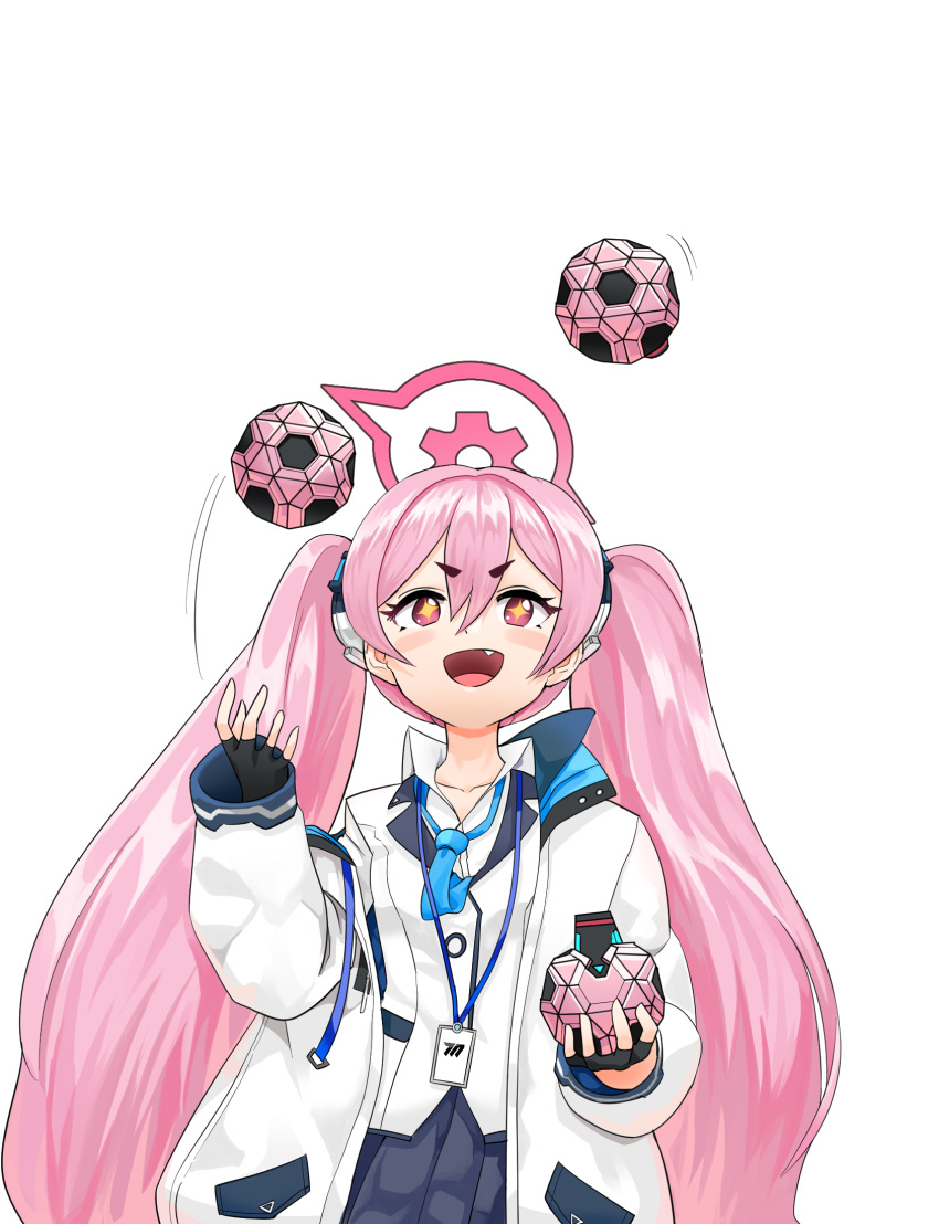 +_+, 1girl, :d, ball_toss, black_gloves, black_skirt, blazer, blue_archive