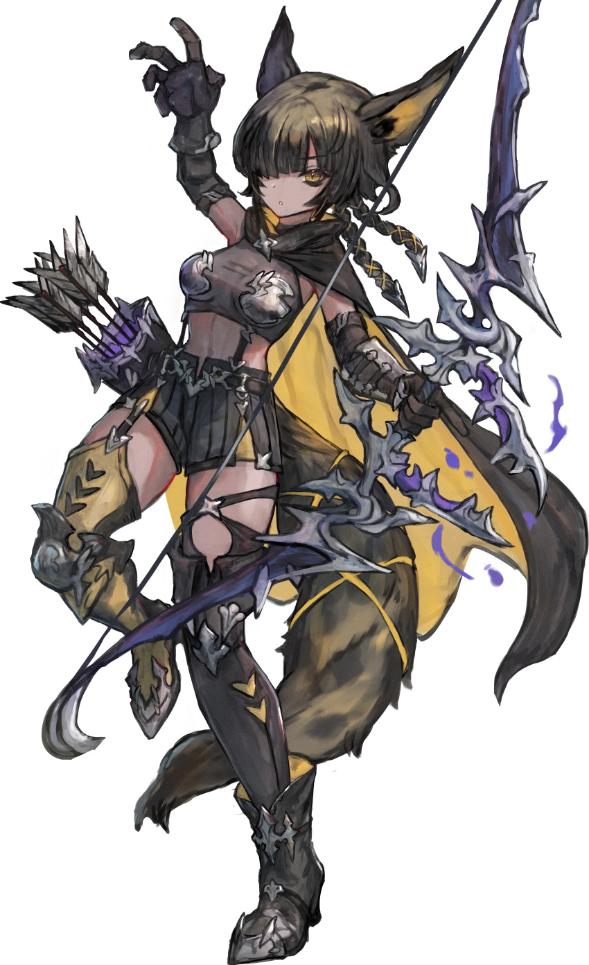 1girl, absurdres, animal_ears, arm_armor, arm_up, arrow_(projectile), black_cape, black_hair