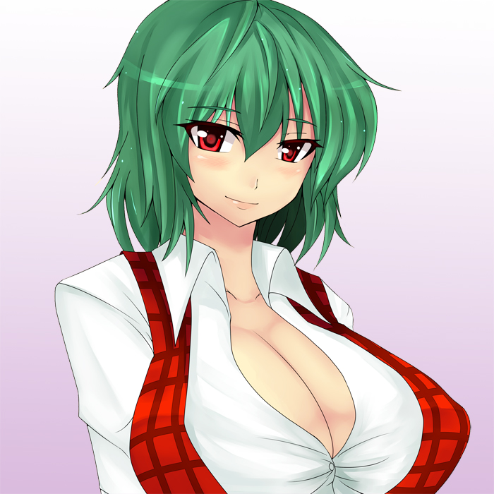 breasts, bust, cleavage, gradient, gradient_background, green_hair, head_tilt, huge_breasts, kazami_yuuka, plaid_vest, purple_background, red_eyes, short_hair, smile, solo, taut_shirt, touhou, xeqj