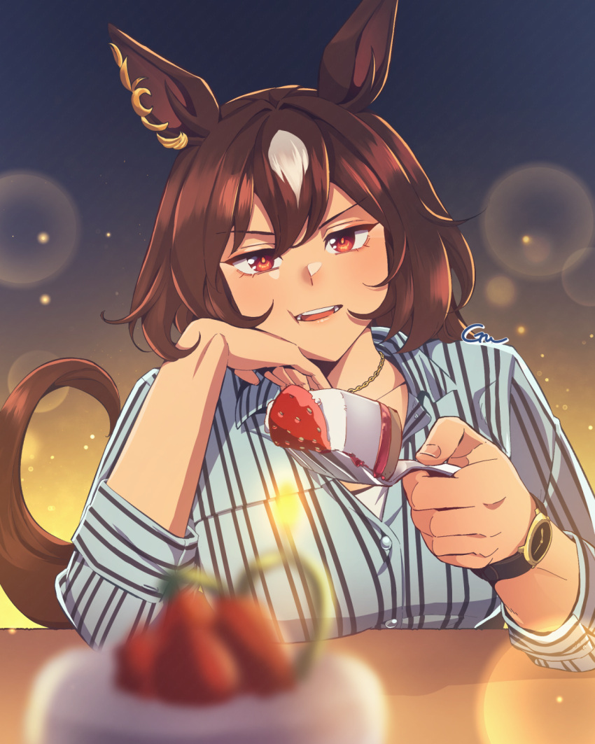 1girl, animal_ears, arm_on_table, blurry, blurry_foreground, blush, breasts, brown_hair