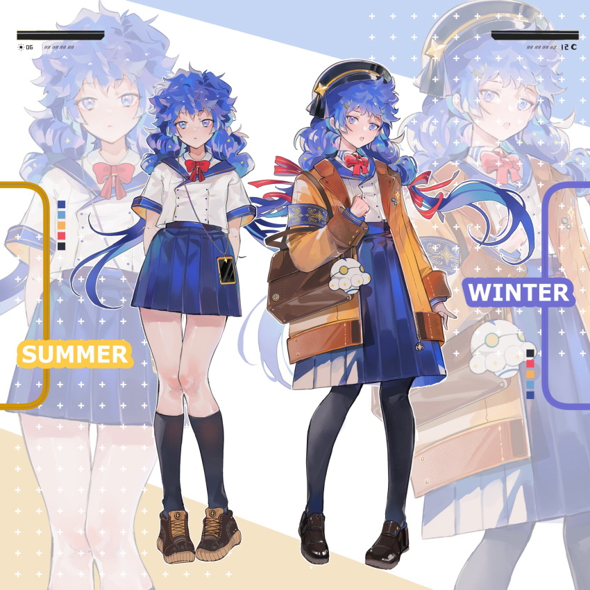 1girl, arms_behind_back, astel_leda, black_pantyhose, black_socks, blue_eyes, blue_hair, blue_sailor_collar