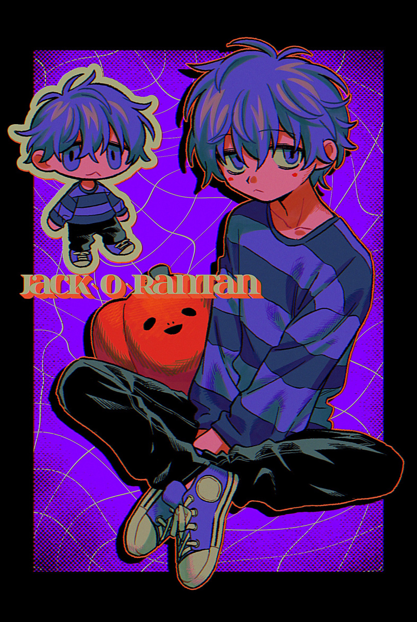 1boy, black_border, black_pants, border, character_name, chibi, closed_mouth, collarbone