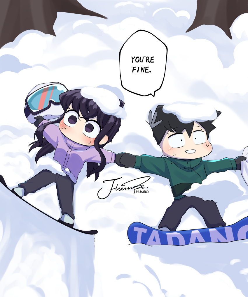 1boy, 1girl, absurdres, artist_name, black_gloves, black_hair, black_pants, character_name