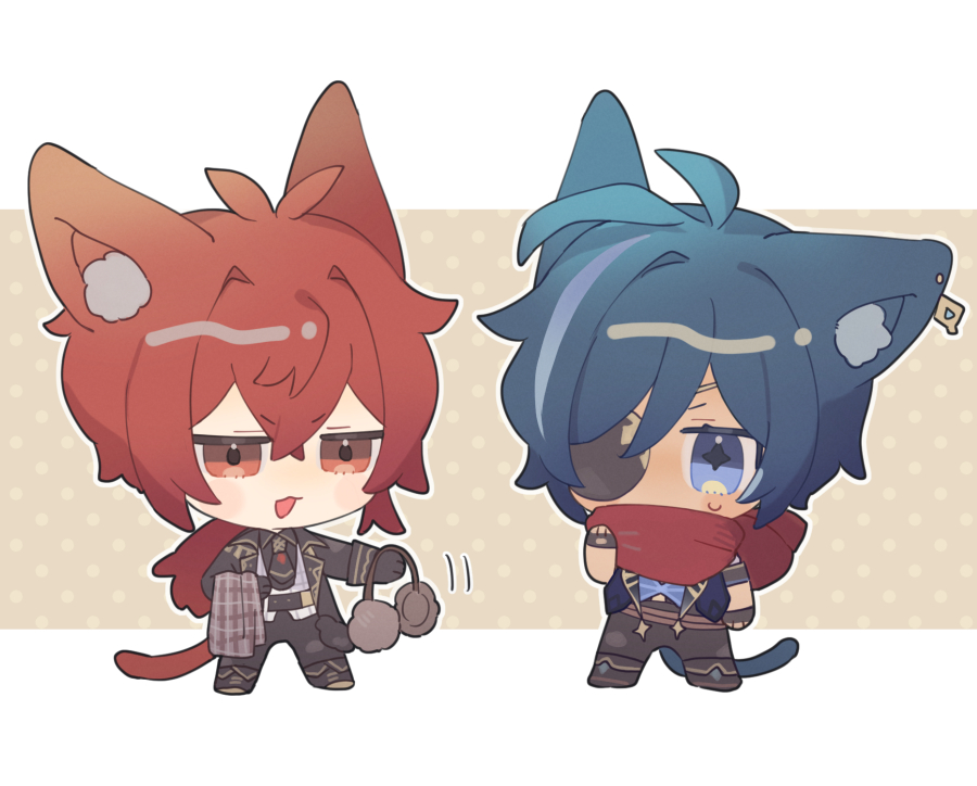2boys, :3, :d, animal_ear_fluff, animal_ears, antenna_hair, belt, black_belt
