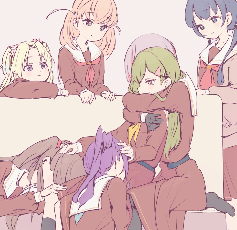 6+girls, ankle_socks, aqua_neckerchief, black_pantyhose, black_socks, blonde_hair, blue_eyes, blue_hair