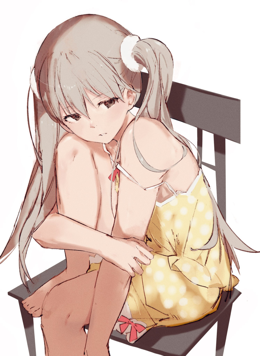 1girl, bare_shoulders, barefoot, bow, bow_camisole, bow_shorts, brown_eyes, camisole