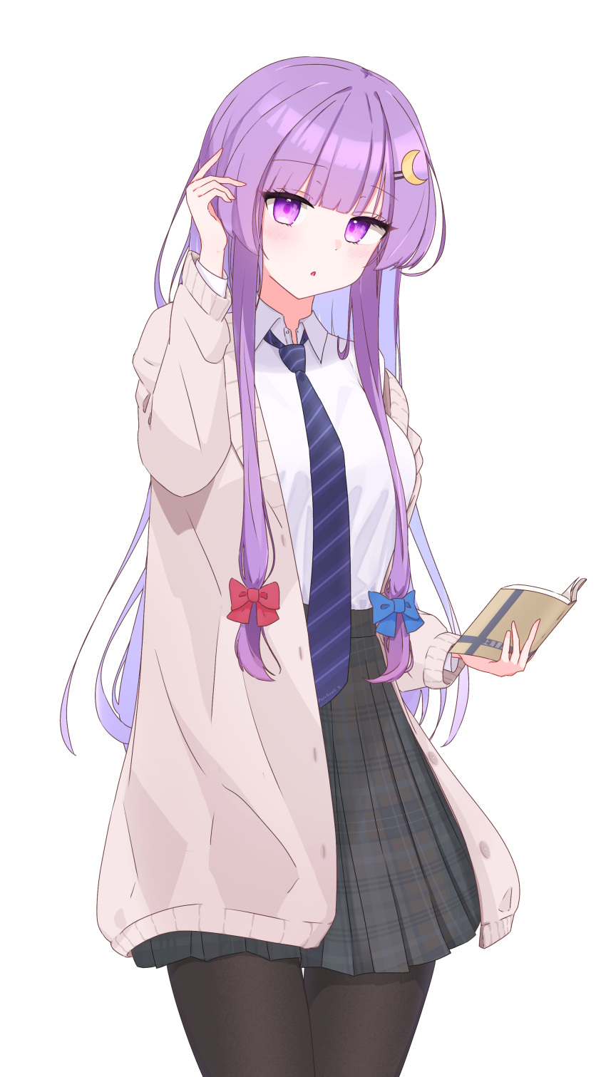 1girl, absurdres, alternate_costume, black_pantyhose, black_skirt, blue_bow, blue_necktie, blush, book, bow, collared_shirt, commentary_request, crescent, crescent_hair_ornament, diagonal-striped_clothes, diagonal-striped_necktie, hair_bow, hair_ornament, hand_in_own_hair, highres, holding, holding_book, long_hair, long_sleeves, looking_at_viewer, necktie, no_headwear, noctal_mxix, open_book, pantyhose, patchouli_knowledge, pleated_skirt, purple_hair, red_bow, school_uniform, shirt, skirt, solo, striped_clothes, touhou, very_long_hair, violet_eyes, white_shirt