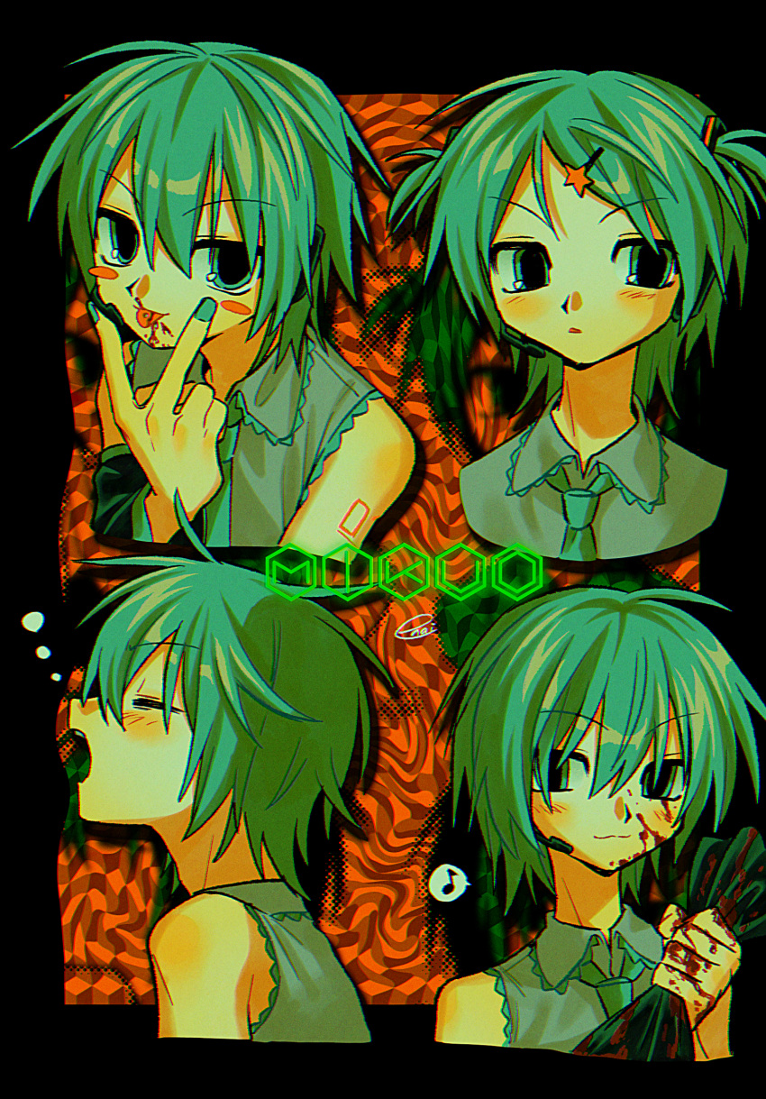 1boy, abstract_background, absurdres, ahoge, alternate_bangs, alternate_hairstyle, aqua_eyes, aqua_hair, aqua_nails, aqua_necktie, aqua_trim, bare_shoulders, black_border, black_headphones, black_outline, black_sleeves, blood, blood_on_face, blood_on_hands, border, character_name, closed_eyes, collared_shirt, detached_sleeves, frilled_shirt, frilled_shirt_collar, frills, from_side, genderswap, genderswap_(ftm), grey_shirt, hair_between_eyes, hair_ornament, hairclip, hatsune_mikuo, headphones, headset, highres, holding, light_smile, looking_at_viewer, medium_hair, menma_(enaic31), messy_hair, multiple_views, musical_note, necktie, open_mouth, orange_background, outline, parted_lips, retro_artstyle, shirt, short_hair, short_twintails, sleeveless, sleeveless_shirt, spoken_musical_note, tongue, tongue_out, twintails, upper_body, v, v-shaped_eyebrows, vocaloid